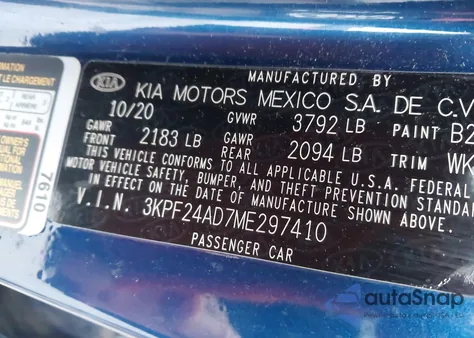 2021 Kia Forte Lxs from USA, damaged, VIN 3KPF24AD7ME297410